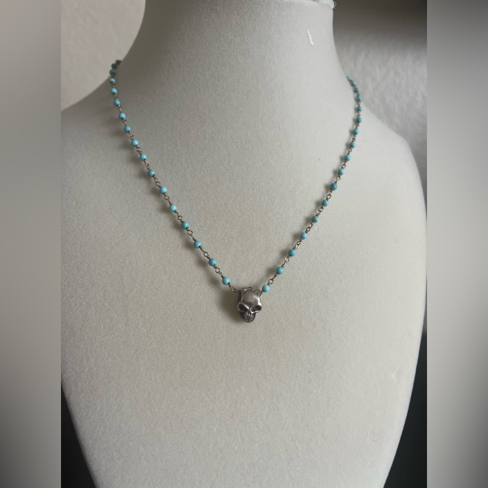 Handmade turquoise & gold chain with dainty skull pendant.